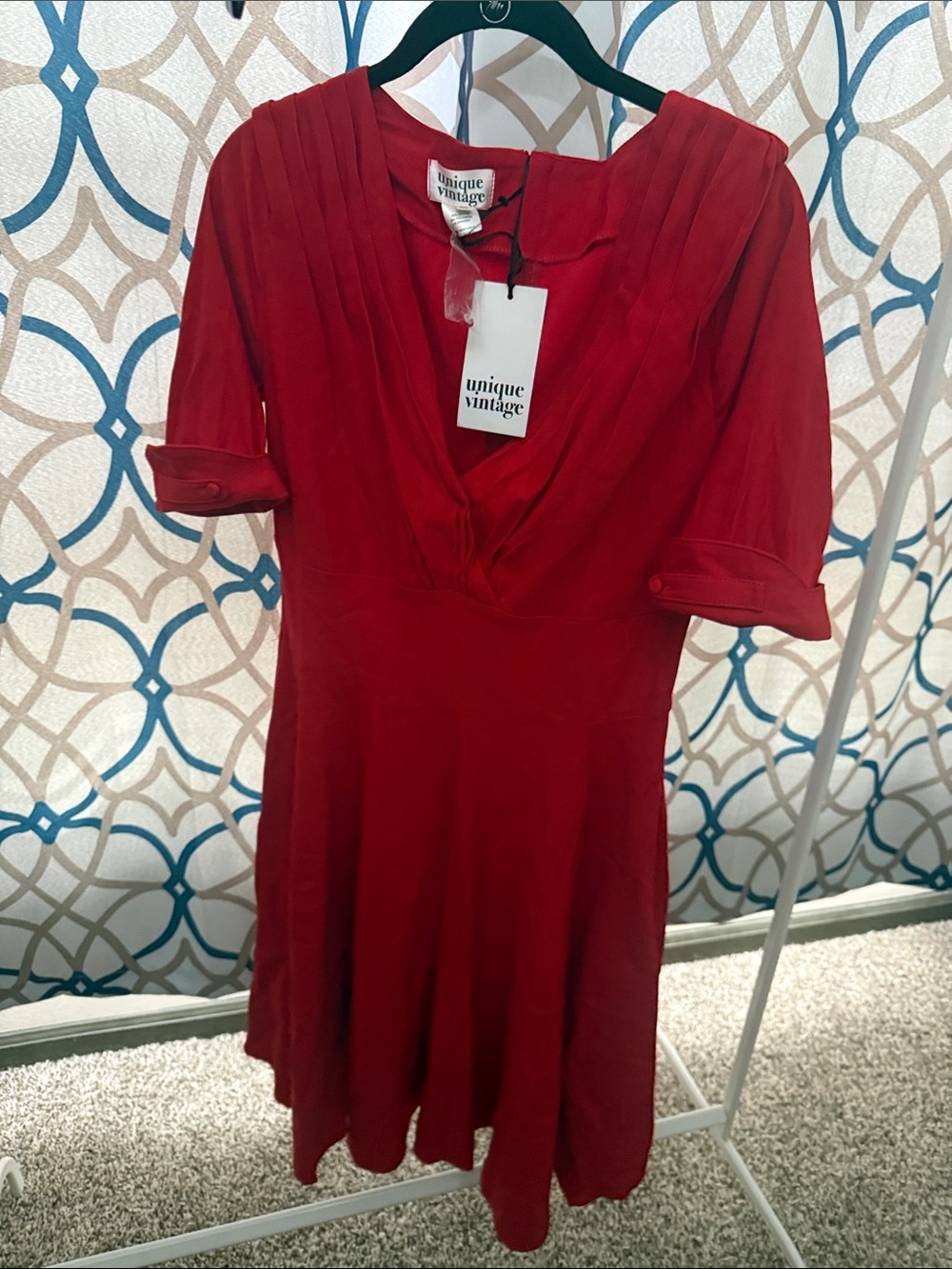 Unique Vintage Scarlet Red V-Neck Fit & Flare Tunic Dress